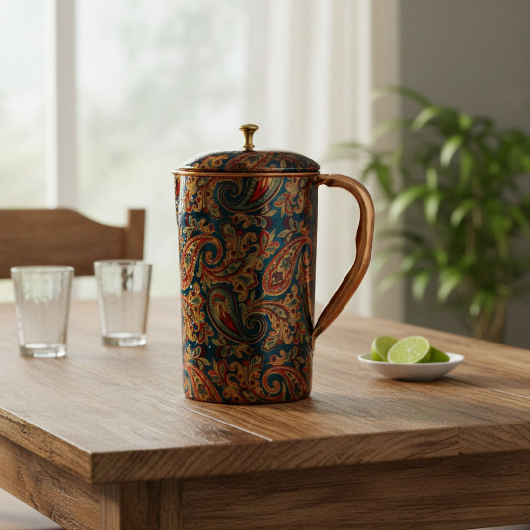 Pure copper paisley printed design jug with brass knob on lid medallion, 1500 ML